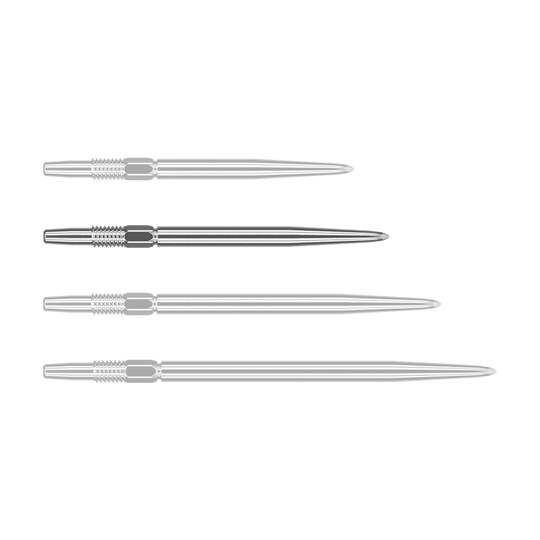 Punte per freccette Target Swiss Point Silver Das Bild zeigt vier silberne Dartspitzen, die nebeneinander liegen. Sie sind lang, schmal und haben ein geriffeltes Stück am oberen Ende.
