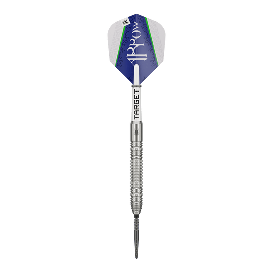 Freccette Target Shane McGuirk GEN1 Swiss Point Steel - 23 g Auf dem Bild ist der Target Shane McGuirk GEN1 Swiss Point Steeldart mit 23g zu sehen. Der Dartpfeil hat ein silbernes Griffstück und eine blau-weiße Flight mit grünem Akzent.