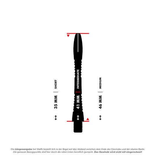 7013_Winmau_Triad_Aluminium_Shafts_5_41mmPJiRGAEcltQZ0 Das Bild zeigt einen 41 mm langen Aluminiumschaft für Darts, der als "Intermediate" gekennzeichnet ist. Die rote Markierung deutet darauf hin, dass das Gewinde bei der Längenangabe nicht mit eingerechnet wird.