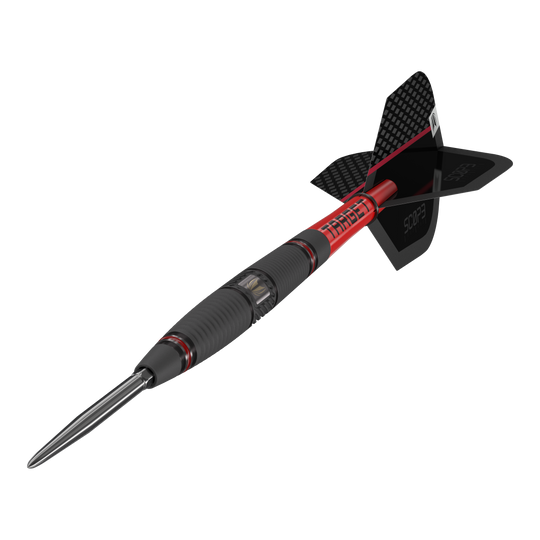 Target Scope 04 freccette in acciaio Swiss Point Das Bild zeigt den Target Scope 04 Swiss Point Steeldart. Der Dart hat ein schwarz-rotes Design mit geriffeltem Griff und einer metallischen Spitze.