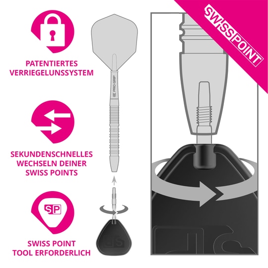 Punte per freccette in acciaio Target Swiss Point Storm Surge - oro Das Bild zeigt ein patentiertes Verriegelungssystem für Dartspitzen namens Swiss Point. Es erklärt, dass der Wechsel der Spitzen in Sekundenschnelle mit einem speziellen Werkzeug möglich ist.