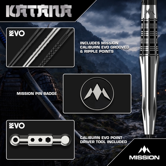 Freccette in acciaio Mission Katana Mission Katana Steeldarts sind hochwertige Steeldarts. Auf dem Bild ist das Produkt aus nächster Nähe zu sehen.