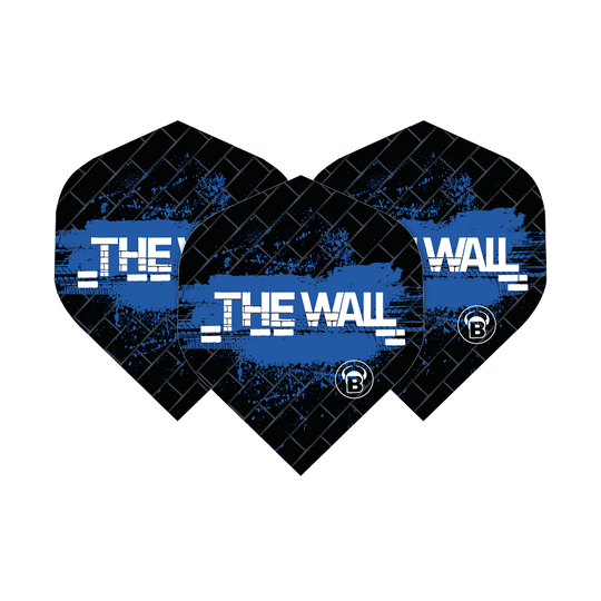 Bulls B-Star Martin Schindler Nero Blu No2 Voli Standard Das Bild zeigt drei schwarze Dart-Flights mit blauen Akzenten und der Aufschrift „THE WALL“. Es handelt sich um die Bulls B-Star Martin Schindler Black Blue No2 Standard Flights.