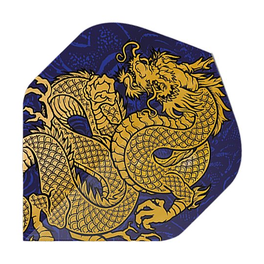 Voli Pentathlon Drago blu Das Bild zeigt ein Dart-Flight mit einem goldenen Drachenmotiv auf dunkelblauem Hintergrund. Es handelt sich um das Produkt "Pentathlon Dragon 4 Standard Flights".