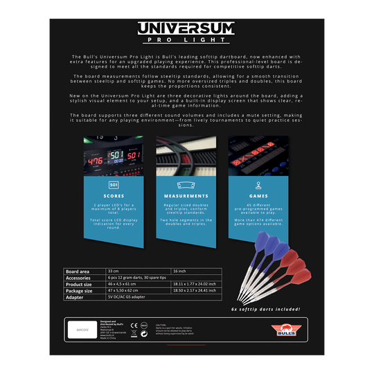 Bersaglio elettronico Bulls NL Universum Pro Light - Blu Rosso Auf dem Bild ist das Bulls NL Universum Pro Light Elektronisches Dartboard - Blau Rot zu sehen. Es eignet sich perfekt für Darts-Spiele zu Hause.