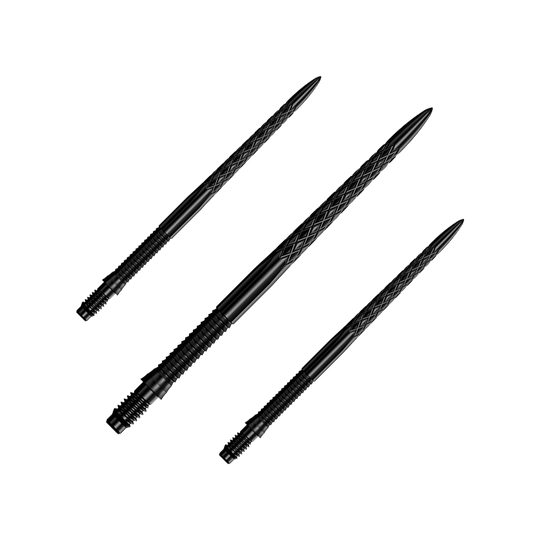 Punte per freccette Mission R2.5 Rapid Point DSX - Nere Ein Set schwarzer Dartspitzen ist zu sehen. Die Dartspitzen sind Mission R25 Rapid Point DSX mit einer Länge von 40mm.