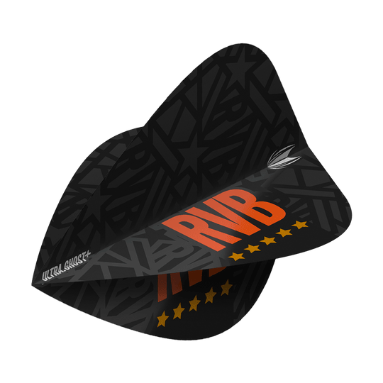 Target UltraGhost Raymond Van Barneveld GEN2 Voli per aquiloni Das Bild zeigt das Produkt "Target UltraGhost Raymond Van Barneveld GEN2 Kite Flights". Die Dartflights sind schwarz mit orangenen Buchstaben "RVB" und gelben Sternen bedruckt.