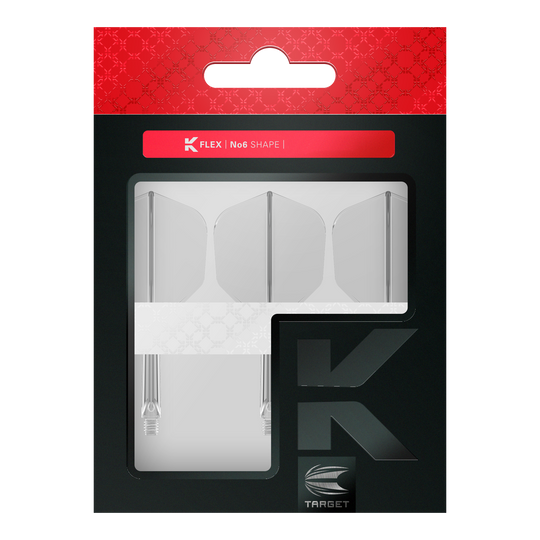 Sistema di volo Target K-Flex No6 - Trasparente Auf dem Bild ist eine Verpackung mit drei klaren Dartflights und Schäften der Marke Target zu sehen. Die Verpackung ist schwarz und rot gestaltet und trägt die Aufschrift "K FLEX | No6 SHAPE".