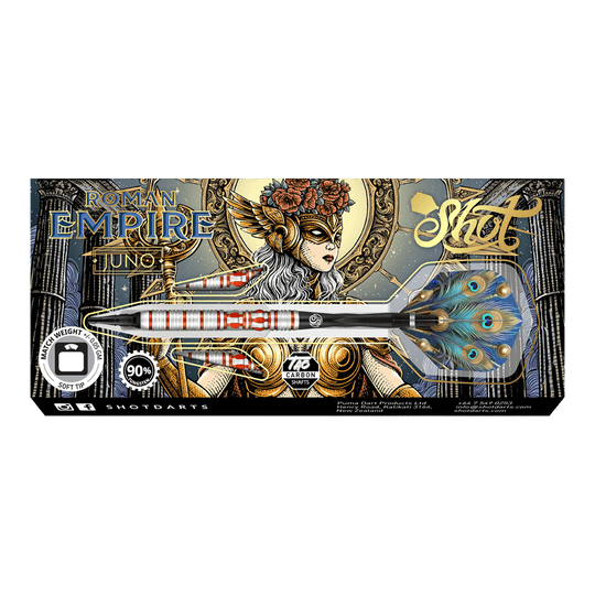 Shoto Impero Romano Juno freccette morbide Das Bild zeigt die Verpackung der Shot Roman Empire Juno Softdarts. Auf der Verpackung ist ein kunstvolles Design mit einer Kriegerin und auffälligen Farben abgebildet.