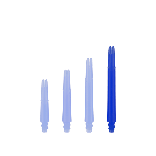 Alberi a L bloccati dritti - Blu Auf dem Bild sind vier blaue gerade Dartschäfte in unterschiedlichen Längen zu sehen. Sie stehen nebeneinander aufrecht und haben ein Schraubgewinde am unteren Ende.