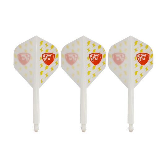 Sistema di volo Condor AX Thunderbolt White - Standard Das Bild zeigt drei weiße Dartflights des Condor AXE Thunderbolt White Flight-Systems in Standardform. Die Flights sind mit gelben Blitzen und einem roten Schild-Logo verziert.