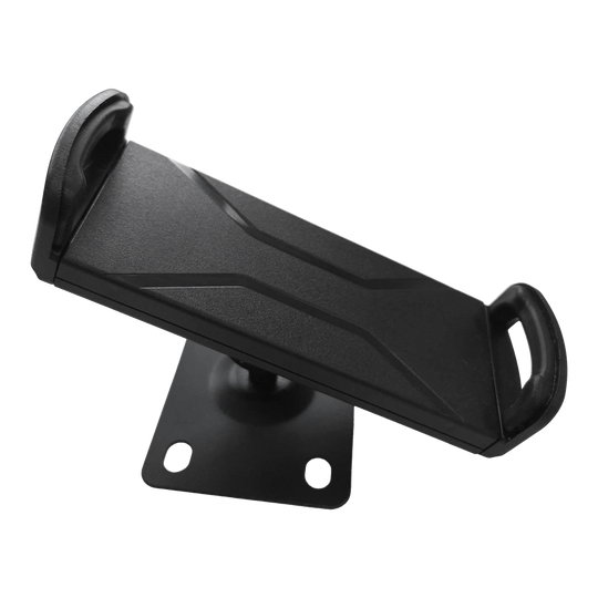 Supporto da parete per tablet McDart TABSteady Das Bild zeigt die McDart TABSteady Tablet Wandhalterung. Die Halterung ist schwarz und hat zwei seitliche Haltearme für ein Tablet.
