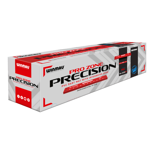 Tappetino per freccette Winmau Pro-Zone Precision Blade 6 in PVC con Oche Die Abbildung zeigt die Verpackung der "Winmau Pro-Zone Precision Blade 6 Dartmatte mit Oche". Auf der Verpackung steht, dass es sich um eine PVC-Dartmatte mit integriertem Oche handelt.