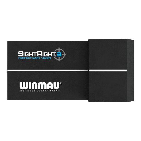 Winmau SightRight 3 - Compatto Das Bild zeigt das Produkt "Winmau SightRight 3 - Compact" zur Perfektionierung des Dart-Zielens. Es ist schwarz mit einem weißen Streifen und dem Winmau-Logo darauf.