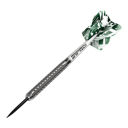 Freccette in acciaio al tungsteno GOAT Fairway V1 Das Bild zeigt einen GOAT Fairway V1 Tungsten-Steeldart mit silbernem, strukturiertem Griff. Am hinteren Ende befindet sich ein grüner Flight mit weißem Muster und der Aufschrift "GRIPTECH".
