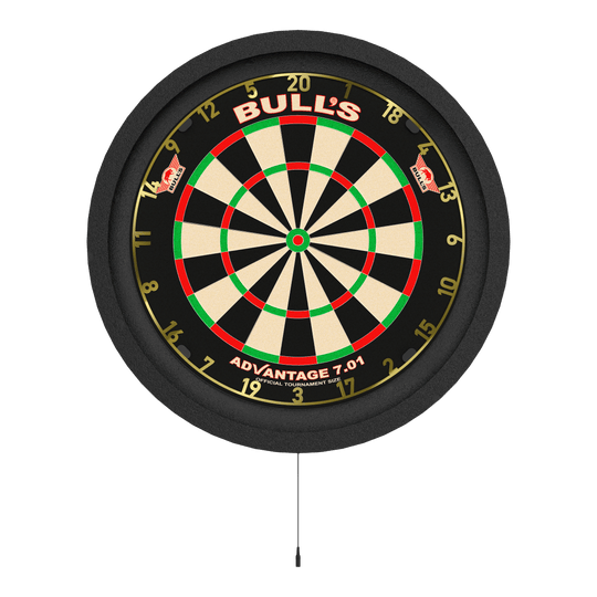 Sistema di illuminazione surround Bulls NL Lumo 2 Light Das Bild zeigt eine Dartscheibe mit einer runden, beleuchteten Umrandung. Es handelt sich um das Produkt „Bulls NL Lumo 2 Light Surround Beleuchtungssystem“.