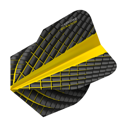 HR6809_Harrows_Quantum_Gelb_No6_Flights_2 Das Bild zeigt das Produkt "Harrows Quantum Gelb No6 Flights". Es ist ein Dartflight in Schwarz mit gelben Linien und einem auffälligen gelben Streifen.
