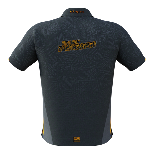 Maglia gara Bulls NL Dirk Van Duijvenbode 2025 Das Bild zeigt das Bulls NL Dirk Van Duijvenbode Matchshirt 2025 von hinten. Auf dem Rücken steht der Name "Dirk Van Duijvenbode" in gelber Schrift.