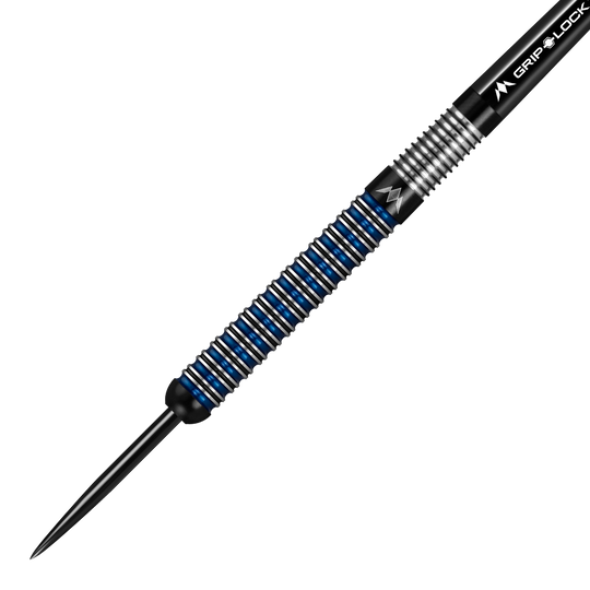 Dardi in acciaio Mission Nightfall Model 1 Das Bild zeigt einen Mission Nightfall Model 1 Steeldart. Der Dart hat ein modernes Design mit silbernen und blauen Ringen am Barrel.