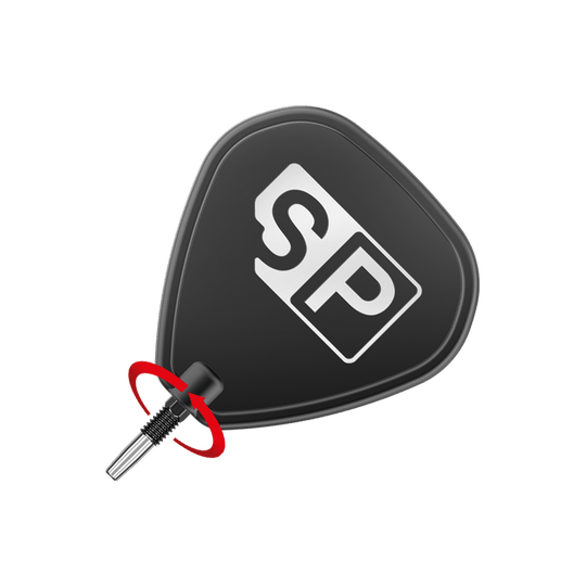 Punte per freccette Target Swiss Point RVE - Nere Das Bild zeigt eine schwarze Dartspitze mit der Aufschrift "SP" in Weiß. Ein roter Pfeil deutet auf die Richtung hin, in der die Spitze eingedreht werden soll.