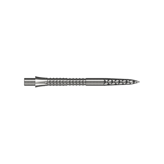 Punte per freccette Mission Caliburn EVO con logo GV - argento Eine silberfarbene Steeldartspitze mit einer Länge von 32 mm ist auf dem Bild zu sehen. Das Bild trägt den Dateinamen M002128_Missoin_Caliburn_EVO_GV-Logo_Steeldartspitzen_Silber_32mm_2.