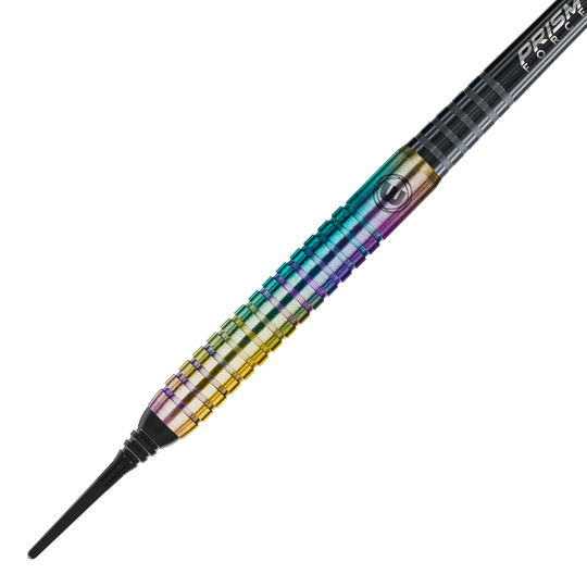 Freccette morbide Winmau Foxfire Urban - 20 g Das Bild zeigt einen Winmau Foxfire Urban Softdart mit einem Gewicht von 20 Gramm. Der Dart hat eine bunte, metallisch schimmernde Oberfläche mit feinen Rillen für besseren Halt.