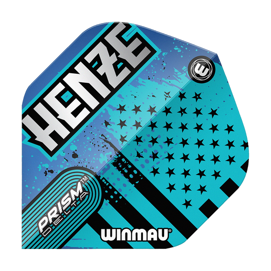 Voli standard Winmau Prism Delta Rick Henze Das Bild zeigt ein Winmau Prism Delta Rick Henze Standard Flight in blau-schwarzem Design. Auf dem Flight stehen die Wörter "HENZE", "PRISM DELTA" und "WINMAU".
