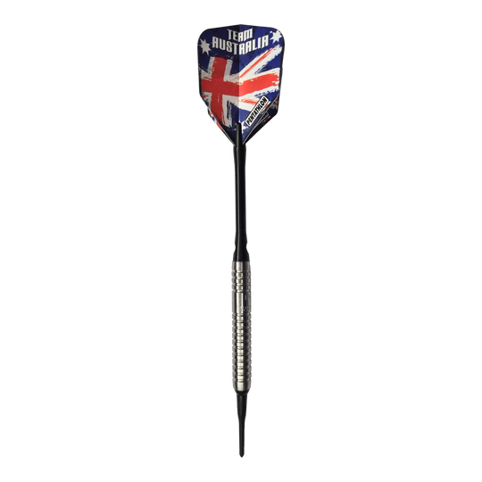 Freccette morbide McDart 85 Tungsten V5 - 16 g Auf dem Bild ist ein Softdart namens "McDart 85er Tungsten V5" mit einem Gewicht von 16g zu sehen. Der Flight zeigt das Design der australischen Flagge und die Aufschrift "Team Australia".
