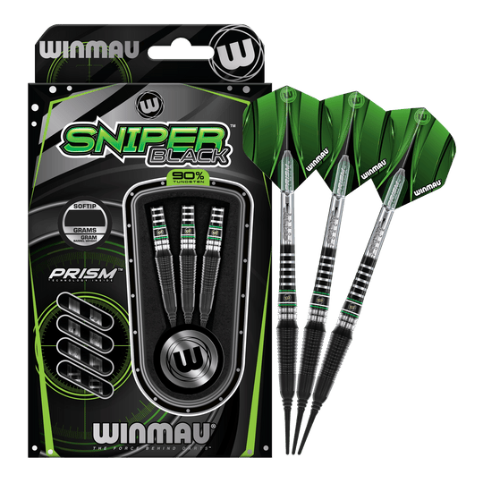 Freccette morbide Winmau Sniper Black 2025 - 20 g Das Bild zeigt die Winmau Sniper Black 2025 Softdarts mit einem Gewicht von 20g. Die Darts sind schwarz und grün gestaltet und werden in einer Verpackung mit drei Stück präsentiert.