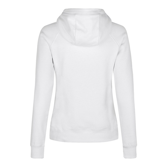 Felpa con cappuccio da donna Barrels and Shafts - bianca Dies ist ein weißer Damen-Hoodie, der von hinten zu sehen ist. Das schlichte Design zeigt lange Ärmel und eine Kapuze.