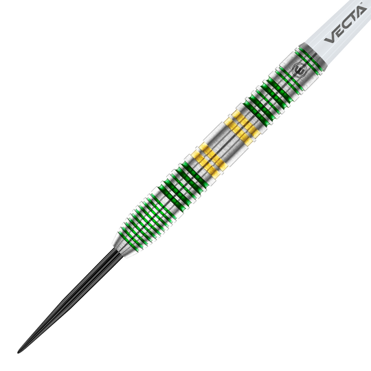 Freccette in acciaio Winmau Xenon Das Bild zeigt einen Winmau Xenon Steeldart. Der Dartpfeil hat ein silbernes Griffstück mit grünen und goldenen Ringen.