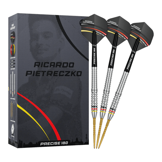 Freccette in acciaio di precisione Ricardo Pietreczko GEN1, numero 180 Vollansicht der Precise 180 Ricardo Pietreczko GEN1 Steeldarts. Diese Darts sind für Präzision und Kontrolle entwickelt.