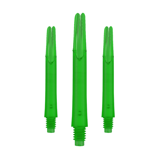 Auf dem Bild sind drei gerade, grüne Dartshafts ohne Kappen zu sehen. Sie stehen nebeneinander und haben ein Schraubgewinde am unteren Ende.