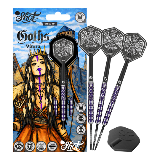 Freccette in acciaio Shot Goths Visara Turbo Point - 23 g Das Produkt zeigt die Shot Goths Visara Turbo Point Steeldarts - 23g in voller Ansicht. Diese Steeldarts stehen für Qualität und Zuverlässigkeit beim Dartspiel.