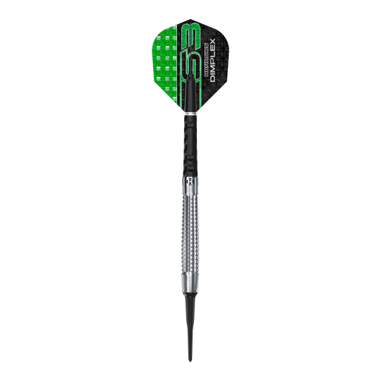 Freccette morbide coniche Harrows Dimplex S3 Das Bild zeigt einen Harrows Dimplex S3 Tapered Softdart. Der Dartpfeil hat eine Metallspitze und ein schwarzes und grünes Flight-Design.