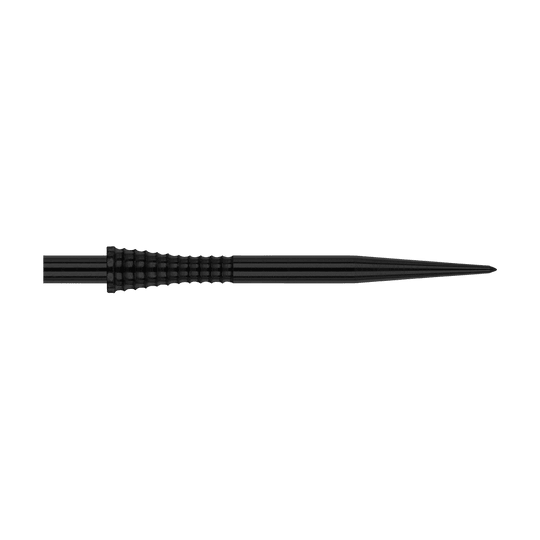 Punte per freccette in acciaio nero Red Dragon Raptor Gripped da 38 mm Das Bild zeigt die Red Dragon Raptor Gripped Black Steeldartspitze mit einer Länge von 38 mm. Die Spitze ist schwarz und hat eine geriffelte Grifffläche für besseren Halt.