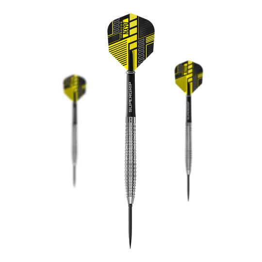 Freccette in acciaio con punta rapida conica Harrows NX90 Das Bild präsentiert ein Set der Harrows NX90 Tapered Quick Point Steeldarts. Die Darts sind hochwertig verarbeitet und robust.