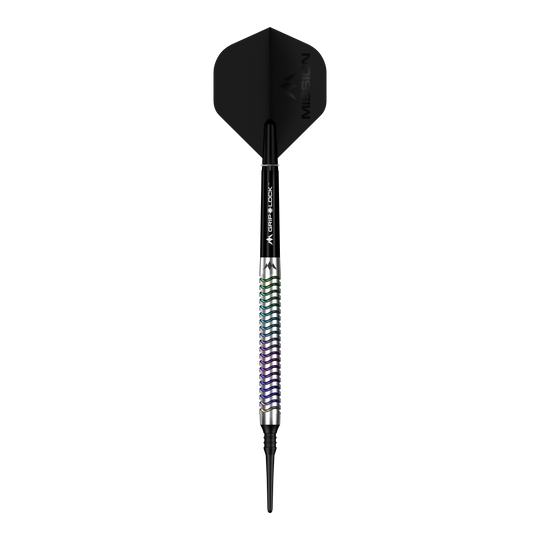 Freccette morbide Mission Mirage - 20 g Hier ist ein Mission Mirage Softdarts - 20g abgebildet. Das Bild hebt die Details des Softdarts hervor.