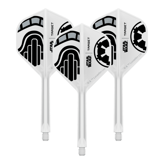 Voli standard Target Star Wars K-Flex Stormtrooper No2 Das Bild zeigt ein Set von Dart-Flights der Star Wars KFlex Stormtrooper No2 Standard Serie. Diese Version ist medium und hat eine Länge von 33 mm.
