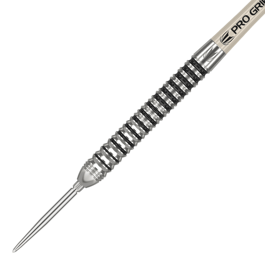 Freccette in acciaio Target EXO SP01 Swiss Point Das Bild zeigt einen Target EXO SP01 Swiss Point Steeldart. Der Dart hat ein silbernes, geriffeltes Barrel und eine spitze Stahlspitze.