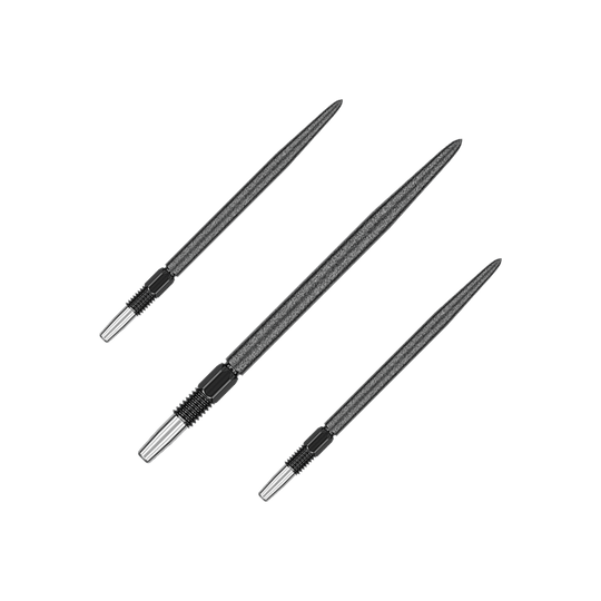 Punte per freccette Target Swiss Point SLK - Nere Das Bild zeigt drei schwarze Dartspitzen, die nebeneinander liegen. Sie haben eine metallische Spitze und einen geriffelten Abschnitt am Ende.
