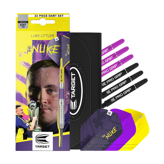 Freccette morbide Target Luke Littler in ottone - 19 g Das Bild zeigt die Target Luke Littler Brass Softdarts - 19g. Die Darts eignen sich zum Spielen auf elektronischen Dartboards.