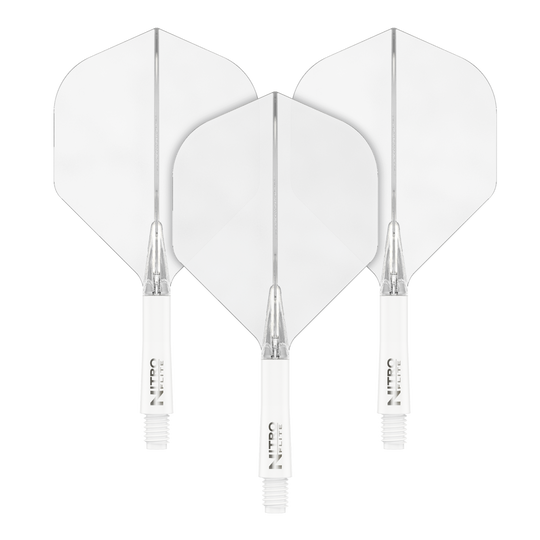 Voli Red Dragon Nitroflite - White Shaft Clear No2 Das Bild zeigt drei weiße Dartflights mit weißen Schäften. Sie sind nebeneinander auf schwarzem Hintergrund angeordnet.