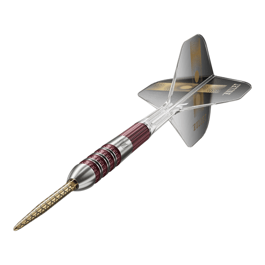 Freccette in acciaio Target Stephen Bunting 95K Swiss Point Das Bild zeigt einen Target Stephen Bunting 95K Swiss Point Steeldart. Der Dartpfeil hat einen metallic-roten Griff, eine goldene Spitze und schwarze Flights mit dem Schriftzug "BULLET".