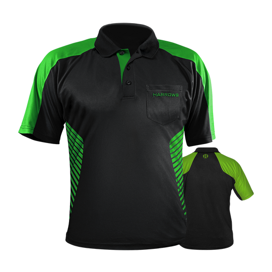 HRS-17492_Harrows_Vivid_Dartshirt_Black_Green_0 Harrows Vivid Dartshirt Black/Farbig liegt flach und frontal. Die Details des Shirts kommen klar zur Geltung.