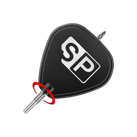Puntali per freccette Target Swiss DS Surge Point - Argento Das Bild zeigt die Spitze eines Dartpfeils mit einem schwarzen Flight, auf dem die Buchstaben "SP" in Weiß abgebildet sind. Ein roter Pfeil weist auf den Befestigungspunkt der Spitze hin.