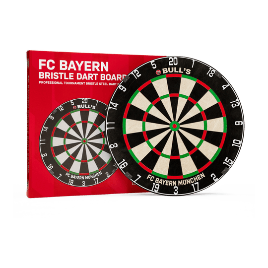 Bersaglio per freccette in acciaio con setole Bulls FC Bayern Monaco Das Bild präsentiert das Bulls FC Bayern München Bristle Steeldartboard. Es handelt sich um ein Steeldartboard mit FC Bayern München Logo.