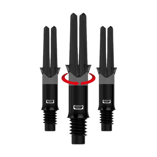 Das Bild zeigt ein Set von schwarzen, geraden Dartshafts ohne Kappen. Die Datei heißt L-Style_L-Shafts_Silent_Straight_Schwarz_OhneKappen_26mm_1Set_Symbol.