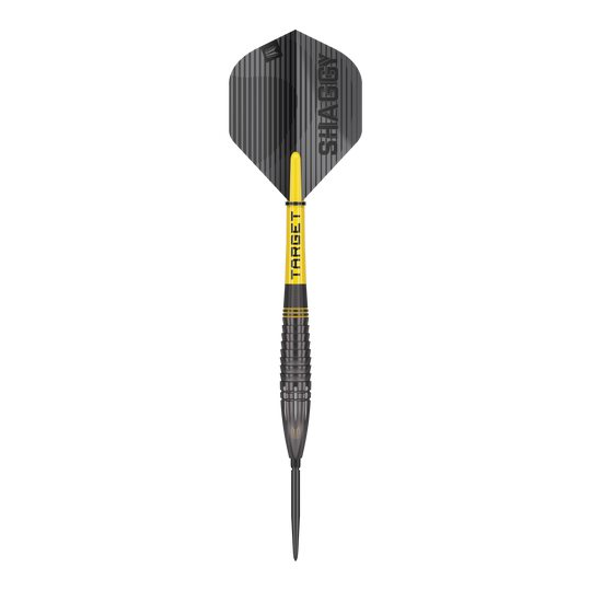 Freccette in acciaio Target Scott Williams Shaggy Black Swiss Point Dies ist ein Target Scott Williams Shaggy Black Swiss Point Steeldart. Der Dart hat ein schwarzes Design mit gelben Akzenten und der Aufschrift "SHAGGY" auf dem Flight.