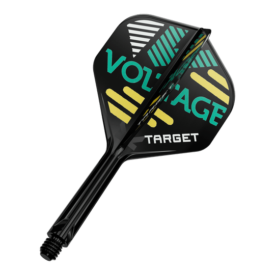 Auf dem Bild ist ein Dart-Flügel mit Schaft zu sehen. Auf dem schwarzen Flügel steht in grüner und gelber Schrift „VOLTAGE“ und „TARGET“.